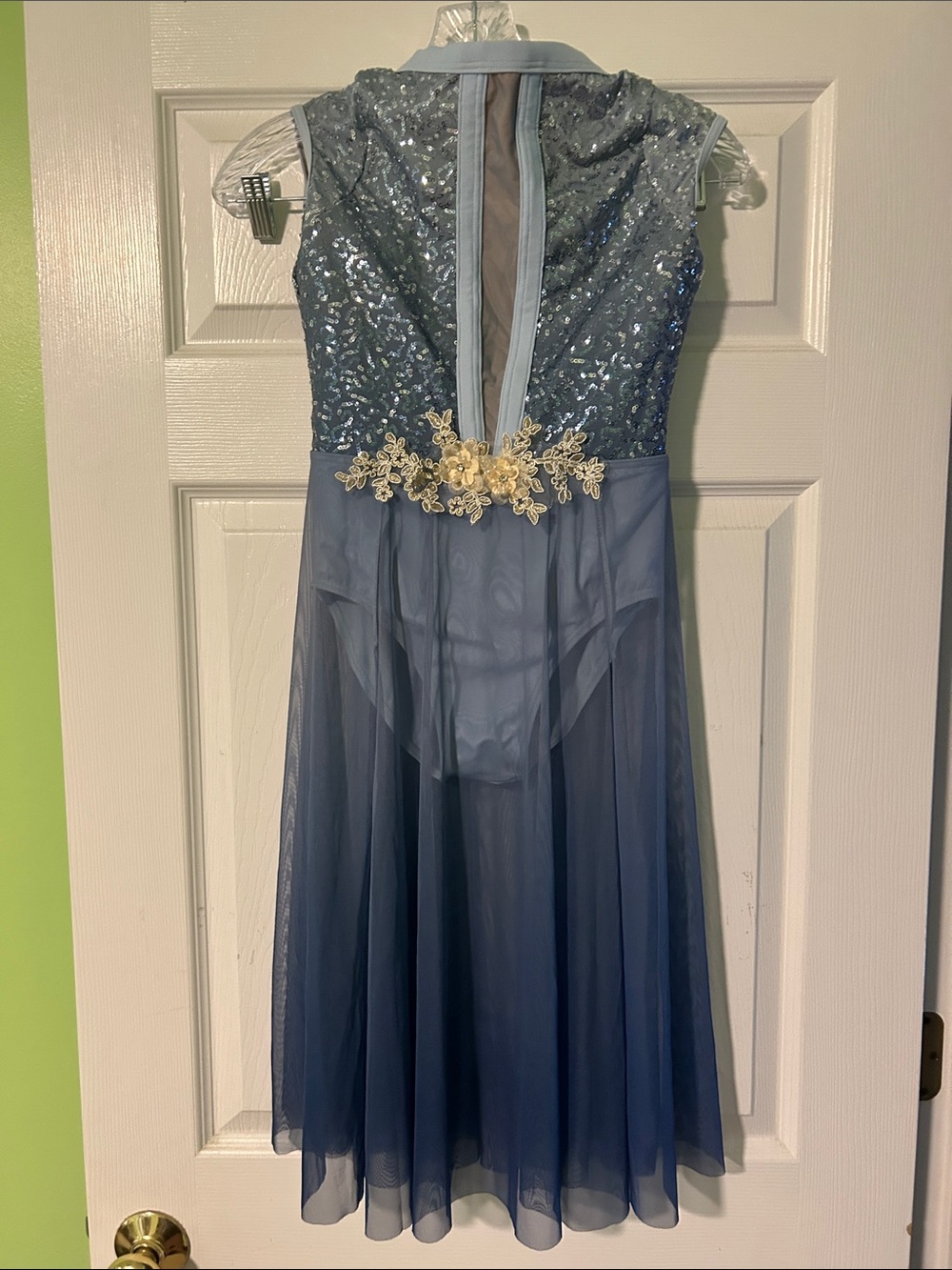 Weissman Blue Sequin and Tulle Dance Costume with Gold Appliqué